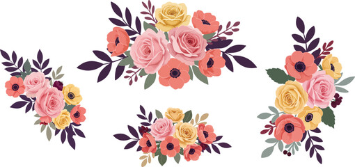 Pink and yellow floral bouquets, vector spring flower arrangements