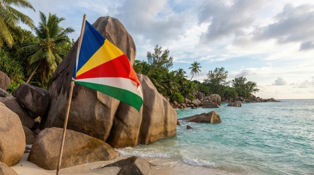 flag of seychelles stands next to a granite boulder beach with soft waves - Powered by Adobe