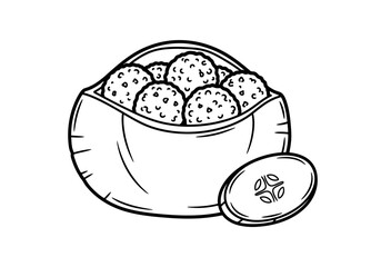 Black and white line drawing of a pouch filled with round textured balls and a cucumber slice
