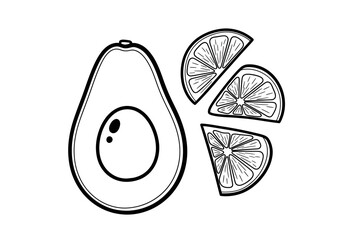 Black and white outline drawing of a halved avocado and three citrus slices