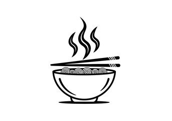 Black and white graphic icon of a steaming bowl of noodles with chopsticks resting across the top