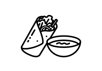Black and white icon showing a wrapped food item next to a bowl of sauce