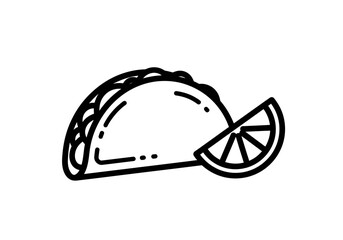 Black and white line art icon of a taco next to a citrus wedge