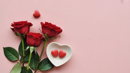 Beautiful red roses with heart shaped decorations on pink background, romantic Valentine’s Day love greeting card and floral design concept