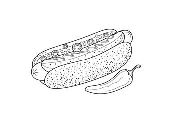 Black and white line drawing of a loaded hot dog and a chili pepper