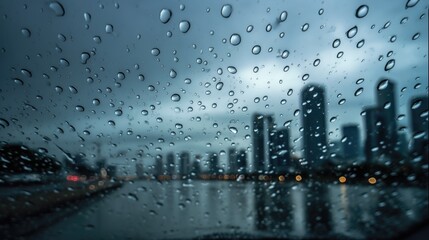 Rainy city skyline behind wet glass with water drops urban mood