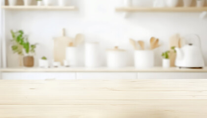 Light Wood Kitchen Countertop Foreground with Green Plants and White Kettle Blurred Background Mockup
