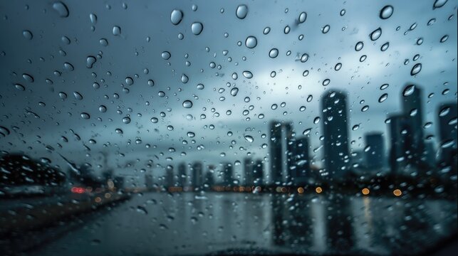 Rainy city skyline behind wet glass with water drops urban mood - Powered by Adobe