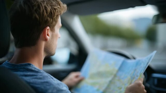 429Side view of man examining folded map while seated in car, city streets ahead slightly blurred, casual road trip ambiance, steering wheel and interior partially visible