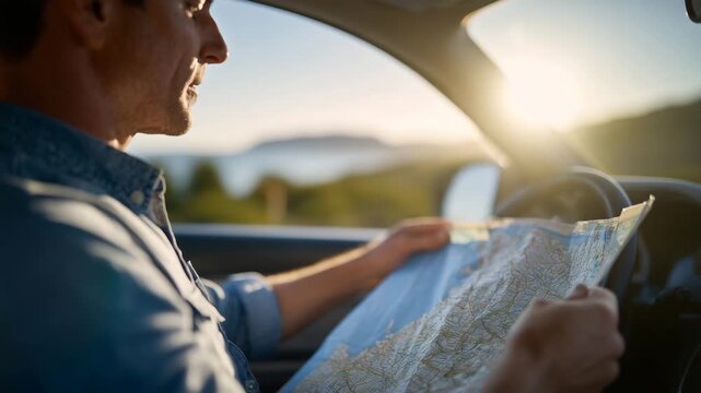 431Over-the-shoulder perspective of driver holding map across lap, hands tracing route, sunlight reflecting off car interior surfaces, planning travel directions