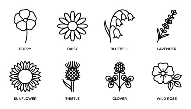 Outline set of simple flower icons with names including poppy daisy bluebell lavender sunflower thistle clover wild rose
