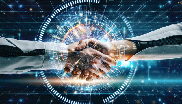 Handshake of Innovation: A close-up shot of two hands clasped in a firm handshake, overlaid with a futuristic digital interface symbolizing a partnership and collaboration.
