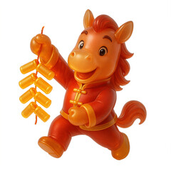 Cute 3D Amber Glass Horse holding firecrackers. Festive Lunar New Year 2026 celebration icon.