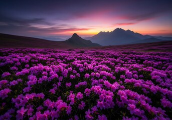 Obraz premium A vibrant field of purple rhododendron flowers blooming, with majestic mountains silhouetted against a dramatic sunset sky
