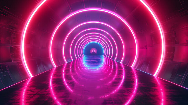 Futuristic neon tunnel with glowing pink and blue circular lights reflecting on the floor, creating a vibrant sci-fi atmosphere perfect for technology, virtual worlds and digital concepts