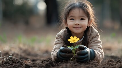 A cheerful young girl is carefully planting a vibrant flower in the garden on a bright, sunny day, surrounded by rich, soft earth and lush greenery