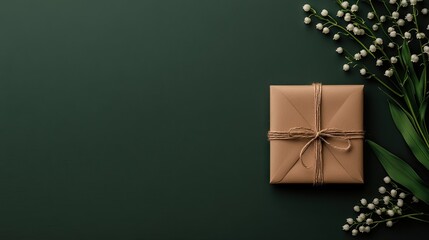 Beautifully wrapped gift with natural accents on dark green background creates an elegant, minimalistic presentation suitable for any occasion