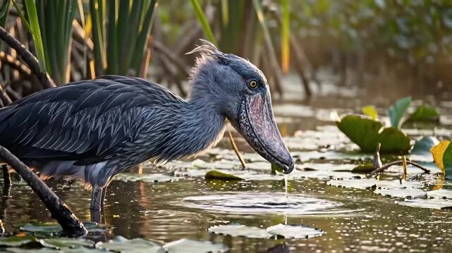 Shoebill standing in shallow water with lily pads in the background