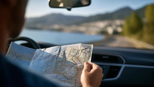 433Close-up of map held by driver inside car, sunlight highlighting route lines and geographic details, dashboard and rearview mirror softly blurred, travel planning illustration