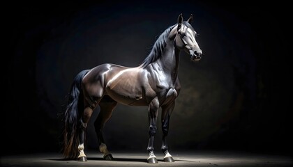 Black Arabian horse portrait on black background isolated