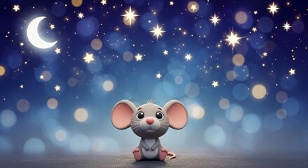 Cute cartoon mouse sitting under starry night sky with moon  