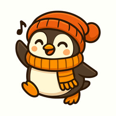 Obraz premium Happy penguin sings a song while wearing winter clothes