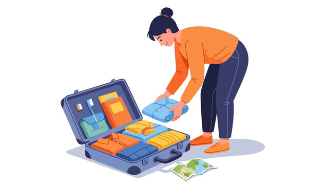 A woman meticulously organizing her open suitcase, carefully folding clothes and packing essentials for an anticipated travel adventure and seamless journey