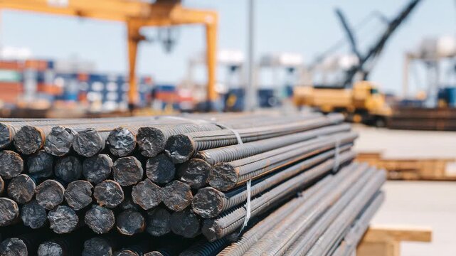 437Perspective view of steel reinforcement bars bundled on construction site, textures and patterns on rods sharply captured, sunlight reflecting off metal