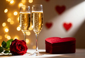 Champagne glasses with rose and heart box for Valentines Day or mothers day Holiday poster or flyer