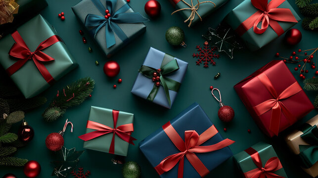 A Christmas seamless pattern featuring golden gifts tied with red bows, set against a green background.