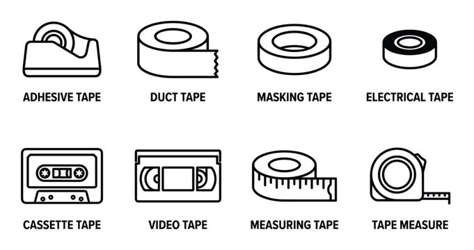 Set of adhesive, duct, masking, electrical, cassette, video, measuring tape, and tape measure line icons