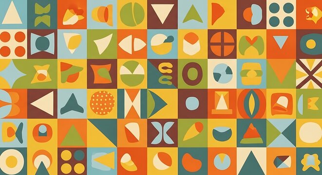 Playful geometric shapes in vibrant retro colors create a captivating and unique artistic background for creative projects and modern design applications