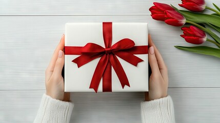 A beautifully wrapped gift box, adorned with a vibrant red ribbon, is held gently by hands next to a bouquet of fresh tulips, all displayed on a light wooden tabletop