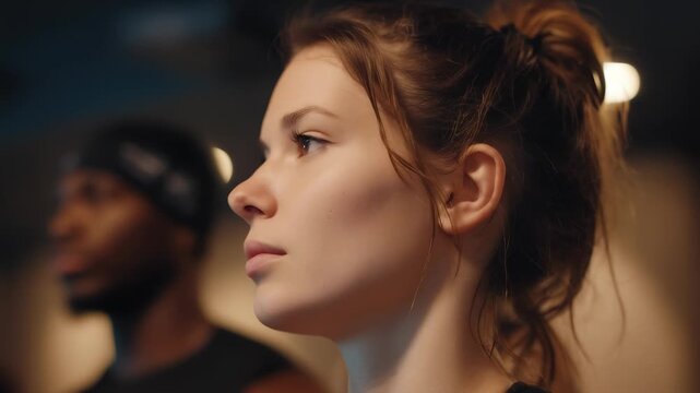 A woman with hair tied back gazes intently as she participates in a focused workout class, absorbing the energy around her. The surrounding atmosphere is vibrant and filled with mo