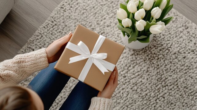 A heartwarming gift-wrapping scene unfolds in a cozy home, featuring a charming table adorned with vibrant flowers, all set in a soft, inviting atmosphere