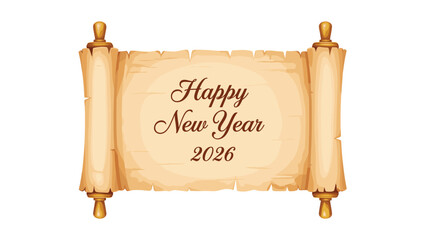 Festive Happy New Year 2026 message on a vintage scroll perfect for greetings, invitations, or holiday announcements with a classic touch