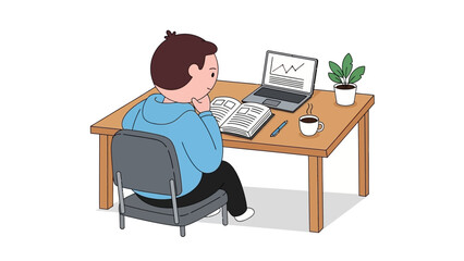 A focused student diligently studies at a desk with a laptop, book, and coffee, embodying the spirit of academic pursuit