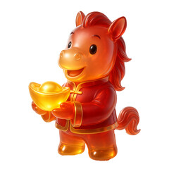 Cute 3D Amber Glass Horse holding gold ingot. Chinese New Year 2026 mascot for wealth and prosperity.