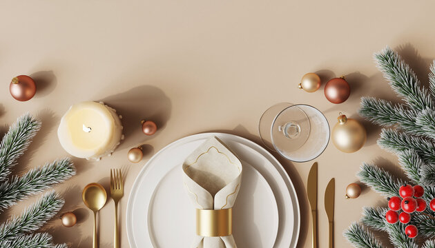 Mesa navideña vista desde arriba, con platos decorados, cubiertos dorados, copas, velas encendidas, ramas nevadas y adornos navideños, dejando un espacio vacío en el centro. - Powered by Adobe