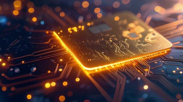 Digital Frontier: An intricately detailed computer chip, bathed in a radiant, electric glow, symbolizes the forefront of technological innovation and digital progress.