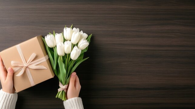Gift box and bouquet of white tulips held by hands on a wooden table, perfect for expressing love and appreciation on special occasions