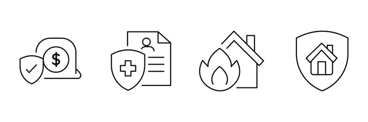 Money shield, medical document, fire damage, home protection icon vector illustration for insurance coverage use.