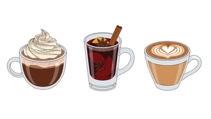 Obraz premium Cozy autumn vibes with hot chocolate, spiced mulled wine, and cafe latte art perfect for holiday season promotions