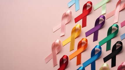 Multiple awareness ribbons in different colors on pink background, healthcare support, prevention, awareness campaign, and charity solidarity concept