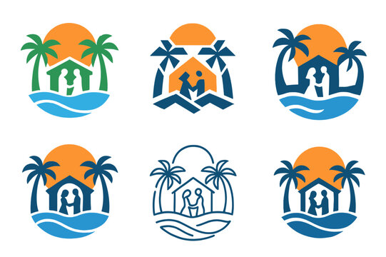 Destination Wedding Logos. Destination weddings and honeymoon destinations. Icon set. Set Logo of destination weddings: romantic seaside resort. harmonious