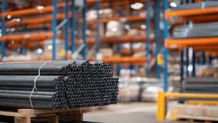 457Perspective view of industrial gray pipes arranged in bundles, warehouse racks in background softly blurred, highlighting material texture and utility - Powered by Adobe