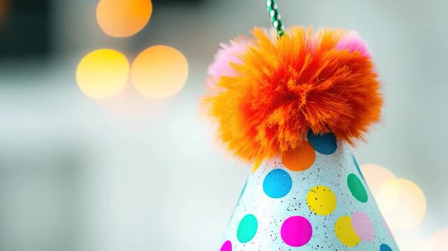 Video A colorful party hat with a fluffy pom pom on top, perfect for celebrating special occasions