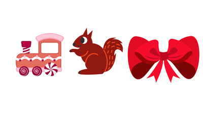 PNG image of  A cartoon train, a squirrel, and a red bow isolated on a black solid color background design space