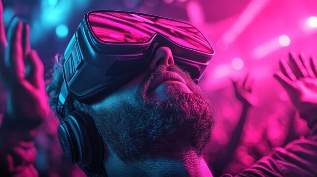 Bearded person in virtual reality headset with headphones. They enjoy a vibrant neon glowing digital world, raising hands in an immersive metaverse experience.