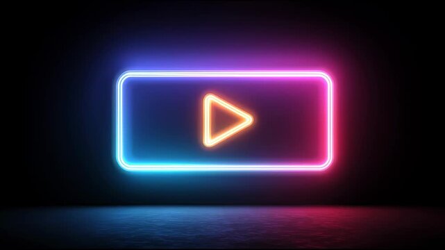 Glowing neon play button sign with colorful pink and blue light on a dark studio floor background